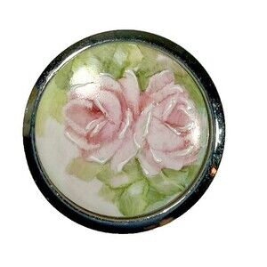 Victorian French Roses Brooch Pin Hand Painted Pink Flowers Silver Tone Cottage